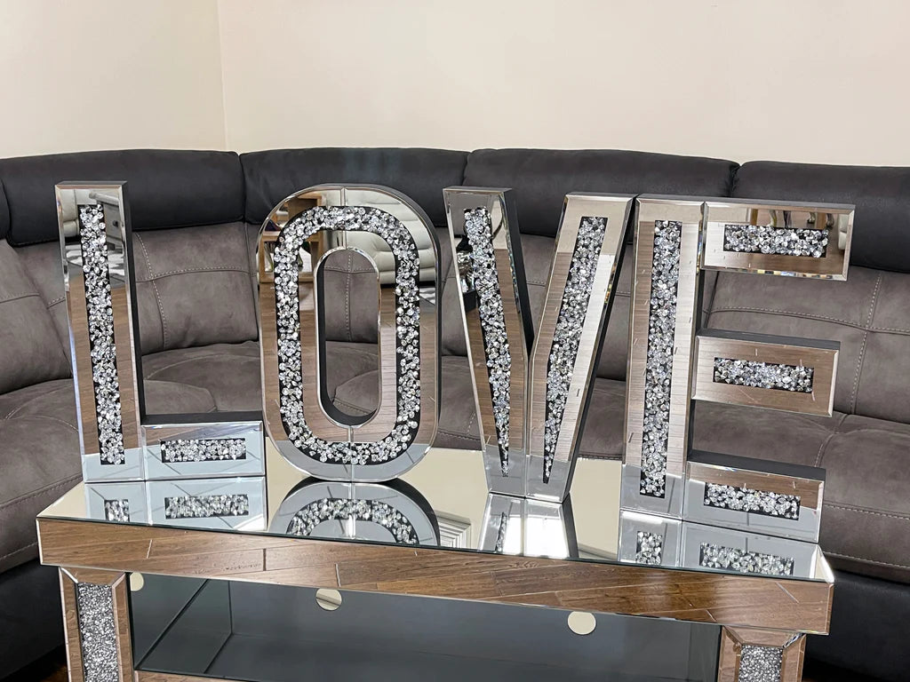 LED Mirror and Crushed Diamond Crystal Typography Wall Decor