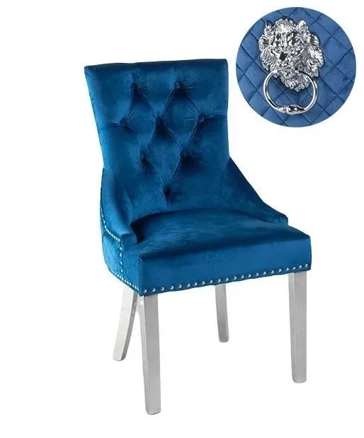 Set of 2 Lion Knocker Back Blue Dining Chair, Tufted Velvet Fabric Upholstered with Chrome Legs