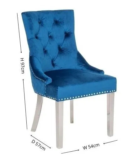 Set of 2 Lion Knocker Back Blue Dining Chair, Tufted Velvet Fabric Upholstered with Chrome Legs