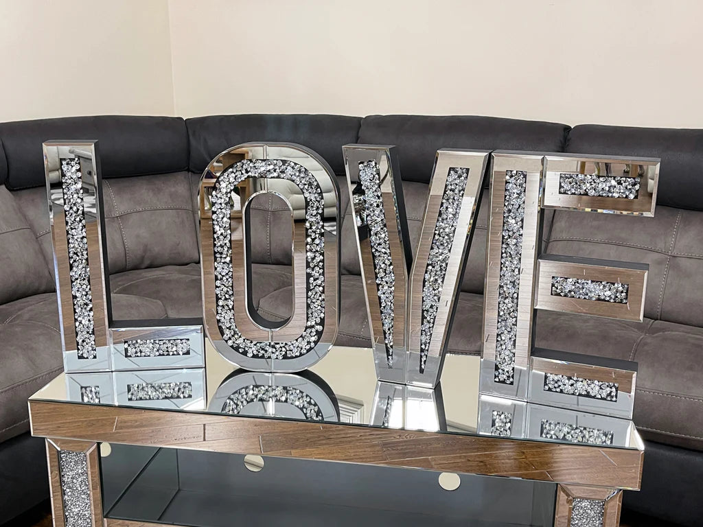 LED Mirror and Crushed Diamond - Crystal Typography Wall Decor - LOVE