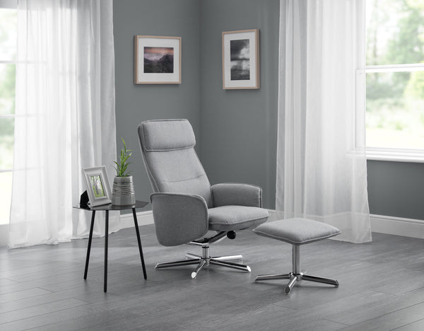 Ava Recliner & Stool With Chrome Base - Grey Linen