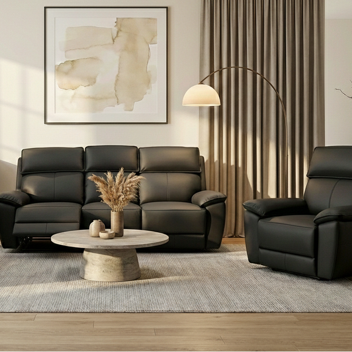 Marino Black Leather Recliner Sofa
