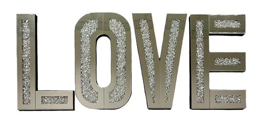 LED Mirror and Crushed Diamond - Crystal Typography Wall Decor - LOVE