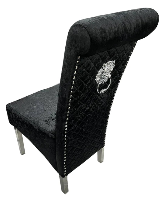 Lily Crushed Black Chair with Lion Knocker and Chrome Legs