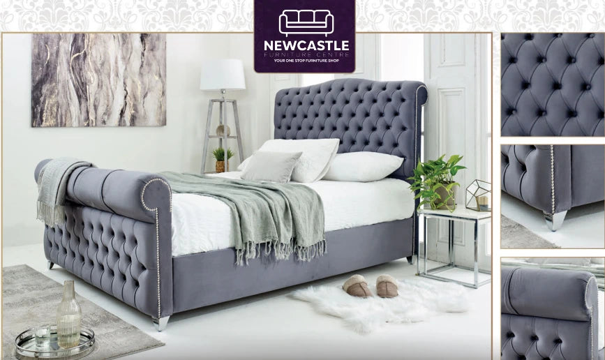 Mayfair Bed Frame Collection-Plush teel Fabric