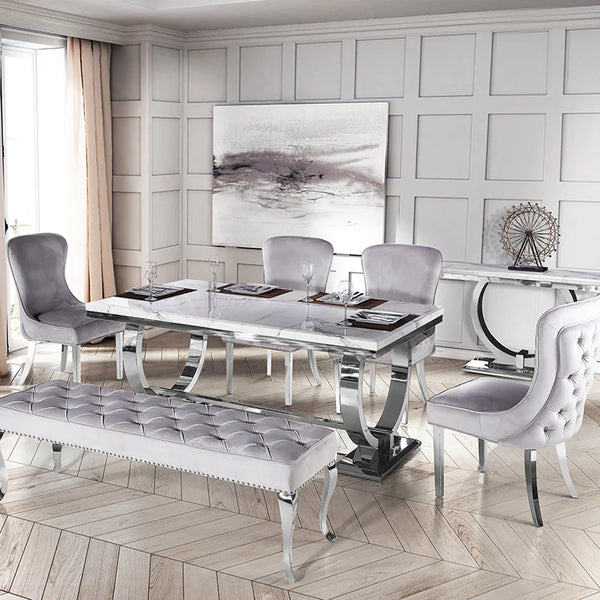 Kingsley Marble & Chrome Dining Table With Lily Slim Quilted Lion Knocker Velvet Chairs