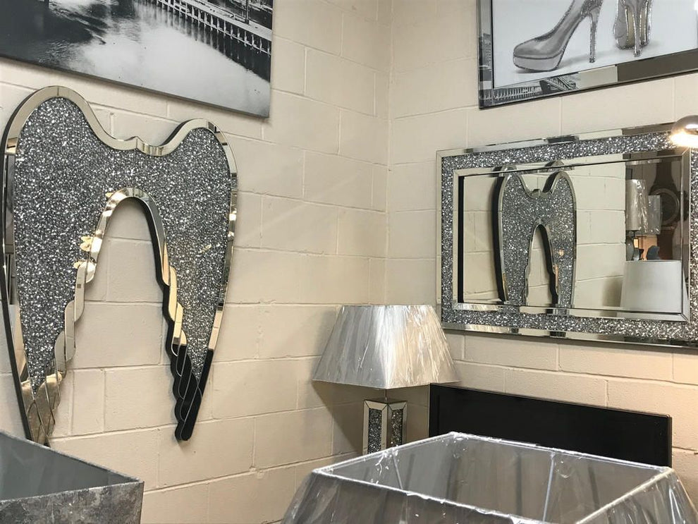 LED Mirror and Crushed Diamond Angel Wings Wall Art, Light Up Angel Wi